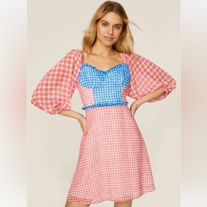 Slate & Willow Gingham Sweetheart Neckline Mini Dress Milkmaid Pink Blue size 10